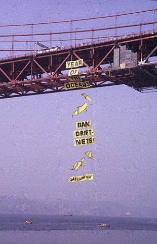 1998, Maio - No Ano Internacional dos Oceanos, a Quercus e a Greenpeace alertam para necessidade de proteger estes ecossistemas, colocando o cartaz “Ban Drift Nets” na ponte 25 de Abril, em Lisboa, no dia da inauguração da Expo 98.  © Luís Galrão/QUE